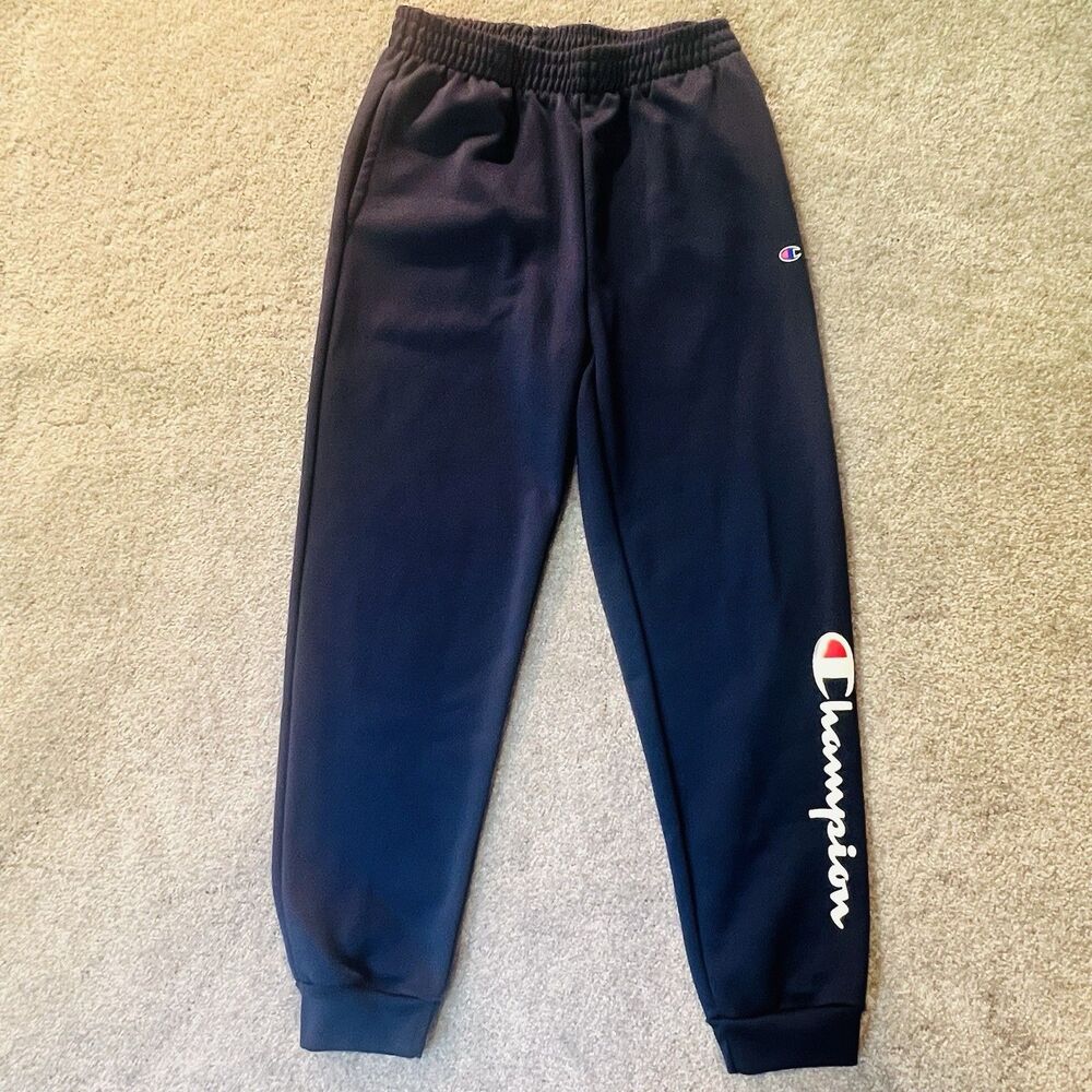 Champion Navy Blue Track Pants Joggers Big Script Logo Sweatpants Ribbed Cuff